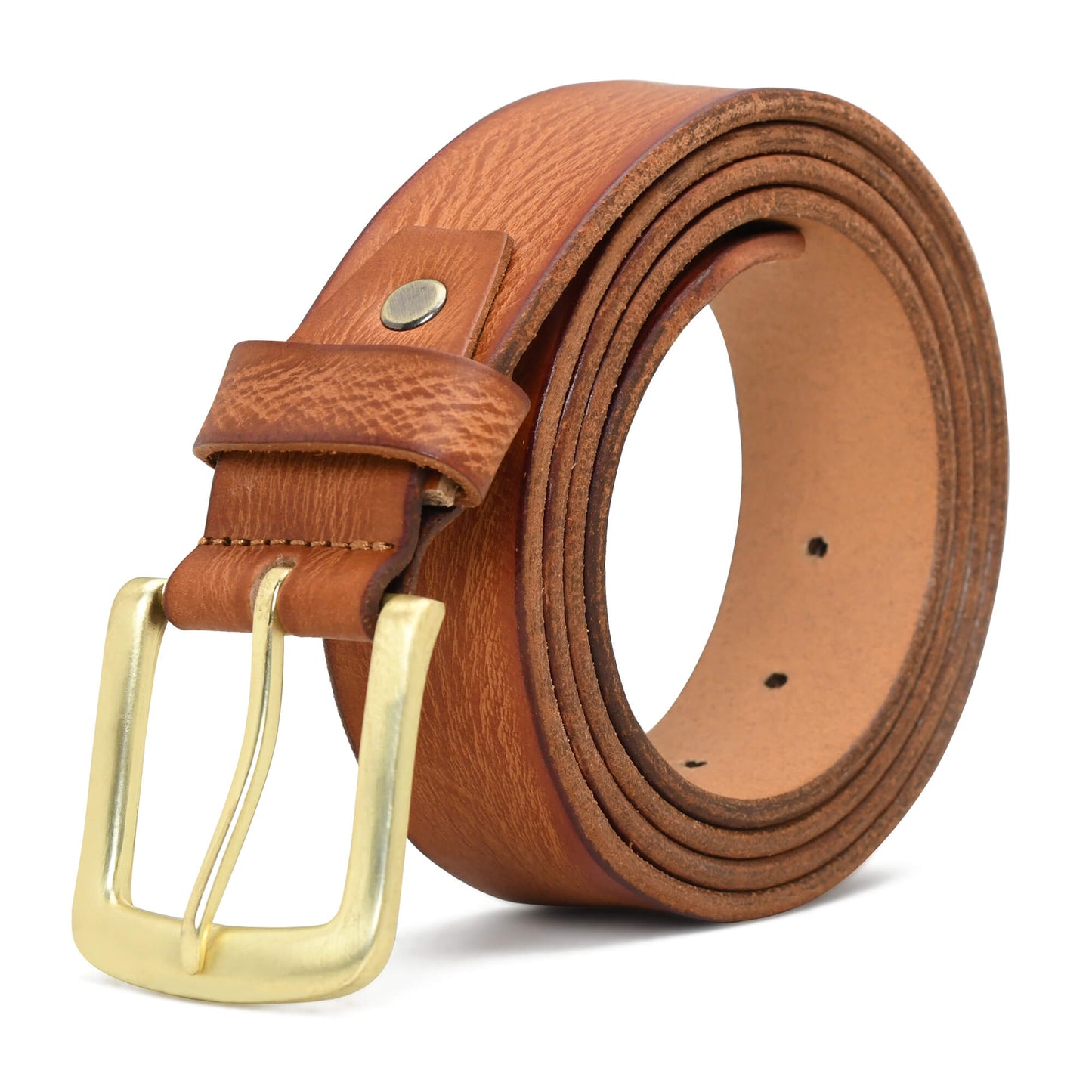 Tanner Mens Full Grain Leather Belt Hand-Finished Distressed Texture Brush Gold Cognac