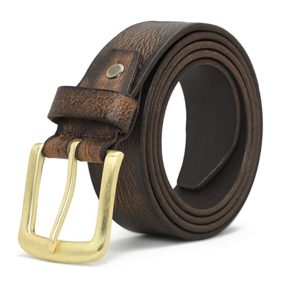 Tanner Mens Full Grain Leather Belt Hand-Finished Distressed Texture Brush Gold Dark Brown