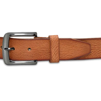 Tanner Mens Full Grain Leather Belt Hand-Finished Distressed Texture Buckle Cognac