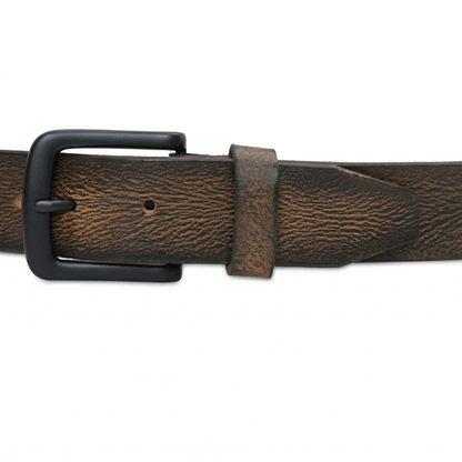 Tanner Mens Full Grain Leather Belt Hand-Finished Distressed Texture Buckle Dark Brown
