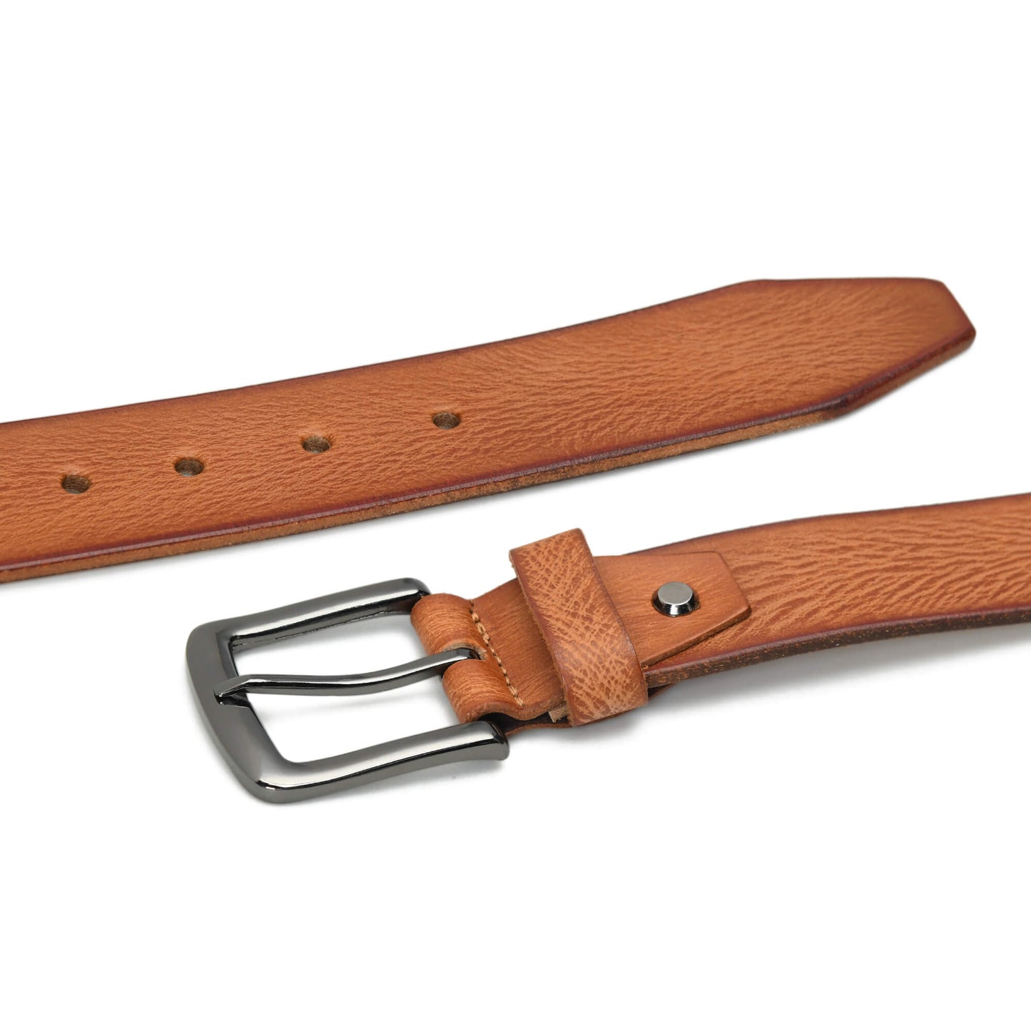Tanner Mens Full Grain Leather Belt Hand-Finished Distressed Texture Flat Lay Cognac