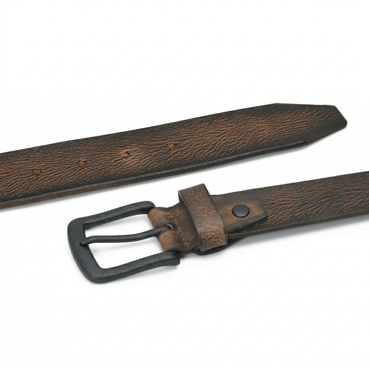 Tanner Mens Full Grain Leather Belt Hand-Finished Distressed Texture Flat Lay Dark Brown