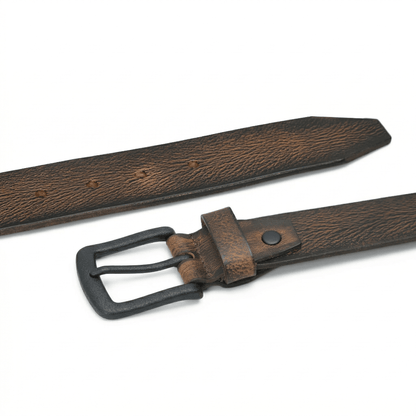 Tanner Mens Full Grain Leather Belt Hand-Finished Distressed Texture Flat Lay Dark Brown