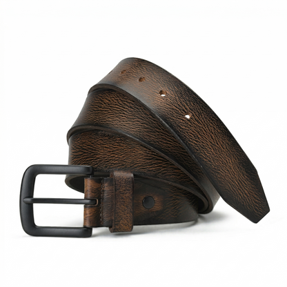 Tanner Mens Full Grain Leather Belt Hand-Finished Distressed Texture Main Hero Dark Brown