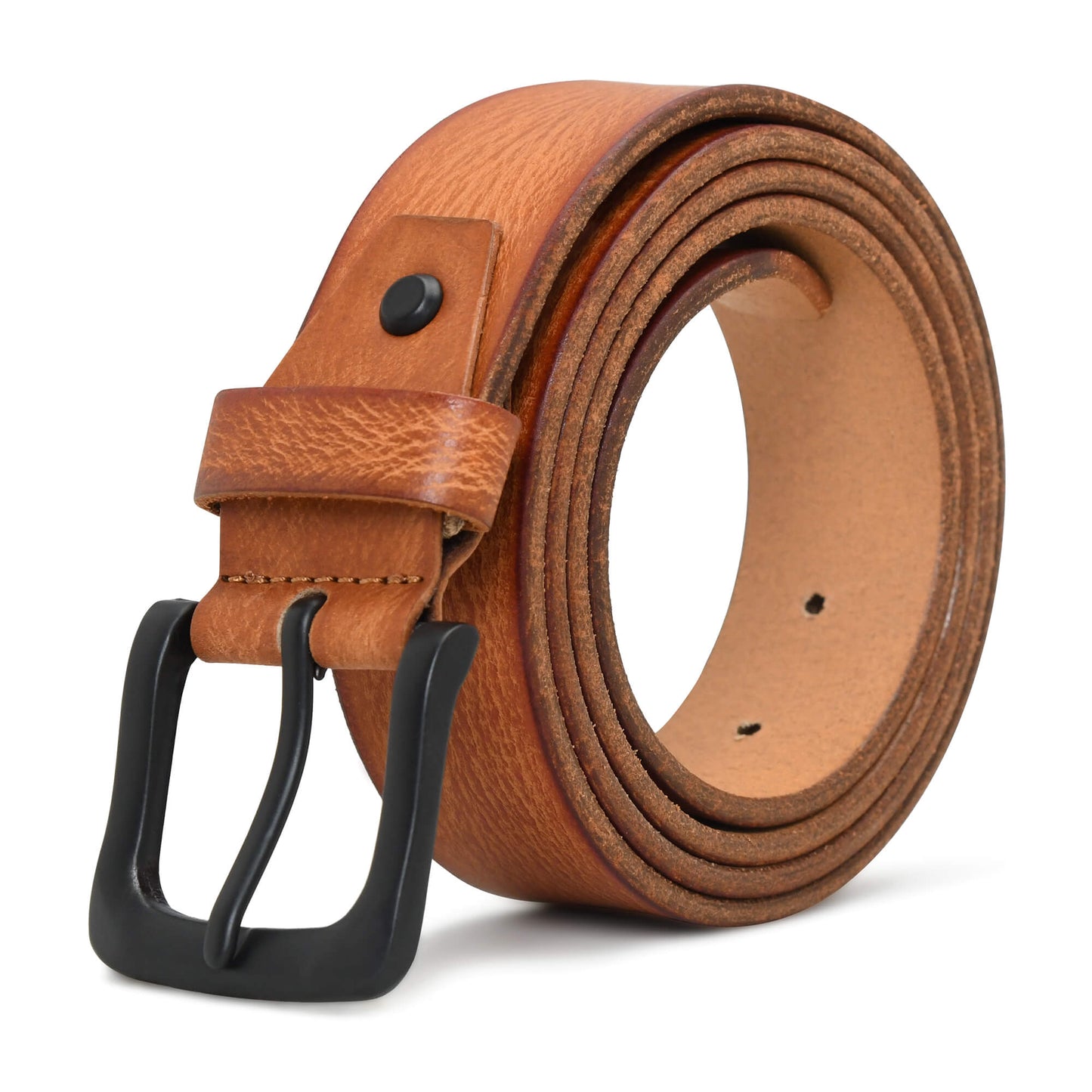 Tanner Mens Full Grain Leather Belt Hand-Finished Distressed Texture Matte Black Cognac