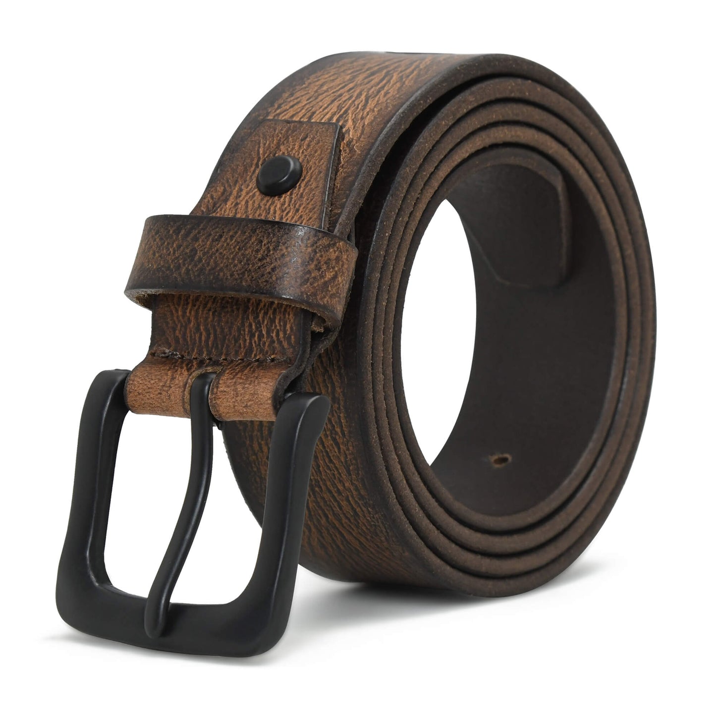 Tanner Mens Full Grain Leather Belt Hand-Finished Distressed Texture Matte Black Dark Brown