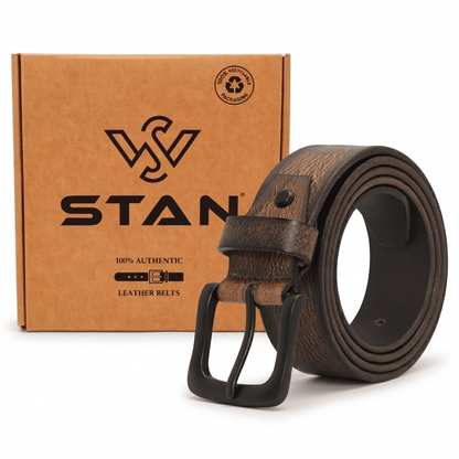 Tanner Mens Full Grain Leather Belt Hand-Finished Distressed Texture With Box Dark Brown