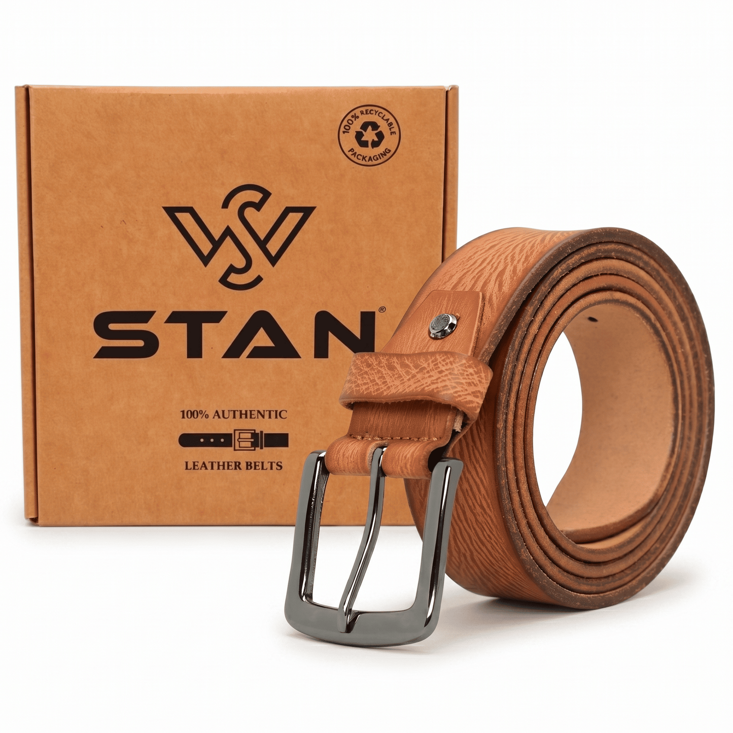 Tanner Mens Full Grain Leather Belt Hand-Finished Distressed Texture with Box Cognac