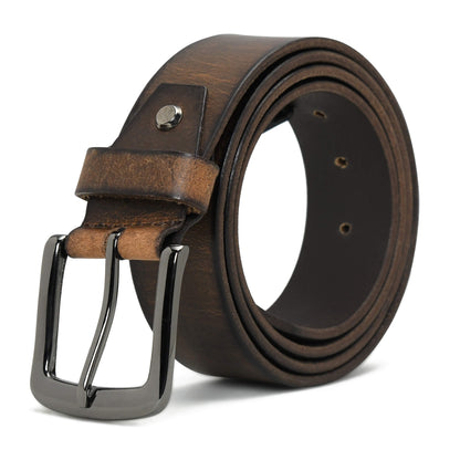 Thorne Hard Wax Leather Belt Rugged Distressed Matte Black Buckle Burnished Brown