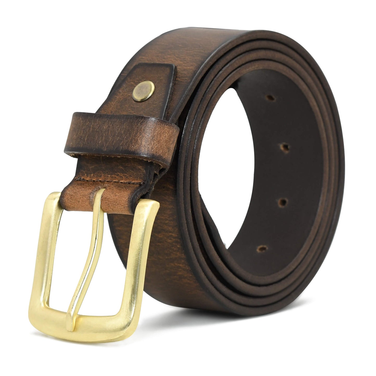 Thorne Hard Wax Leather Belt Rugged Distressed Brush Gold Buckle Burnished Brown