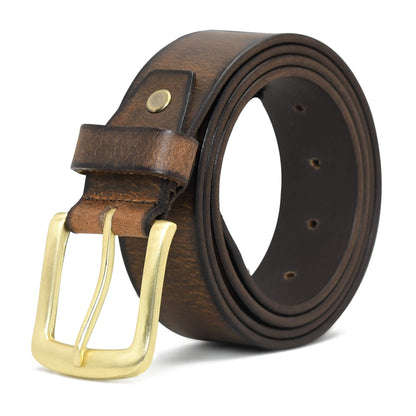 Thorne Hard Wax Leather Belt Rugged Distressed Brush Gold Buckle Burnished Brown