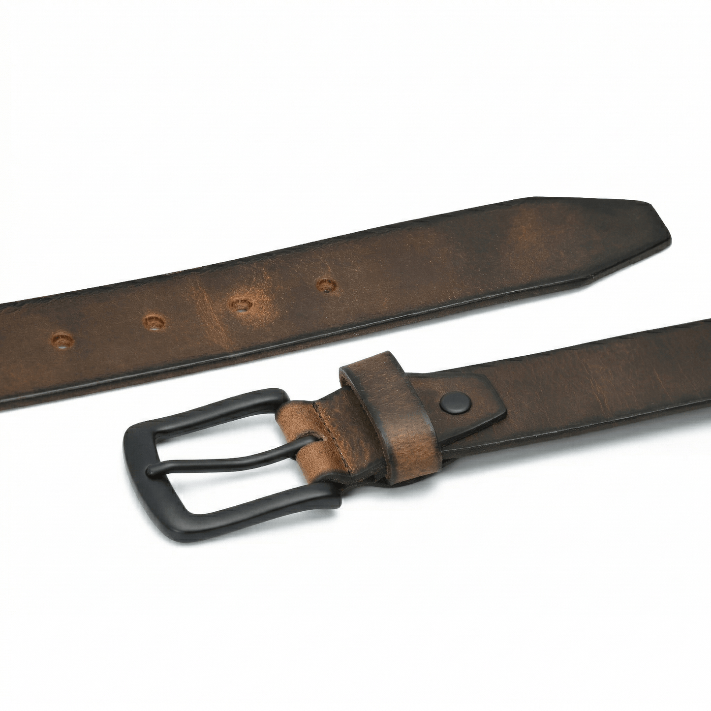 Thorne Hard Wax Leather Belt Rugged Distressed Flat Lay Burnished Brown