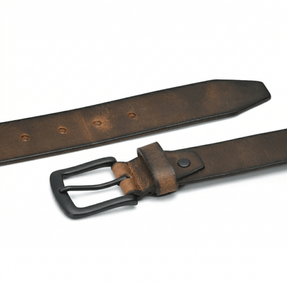 Thorne Hard Wax Leather Belt Rugged Distressed Flat Lay Burnished Brown