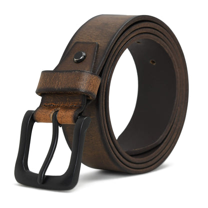 Thorne Hard Wax Leather Belt Rugged Distressed Matte Black Buckle Burnished Brown