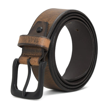 Thorne Hard Wax Leather Belt Rugged Distressed Matte Black Buckle Saddle Brown