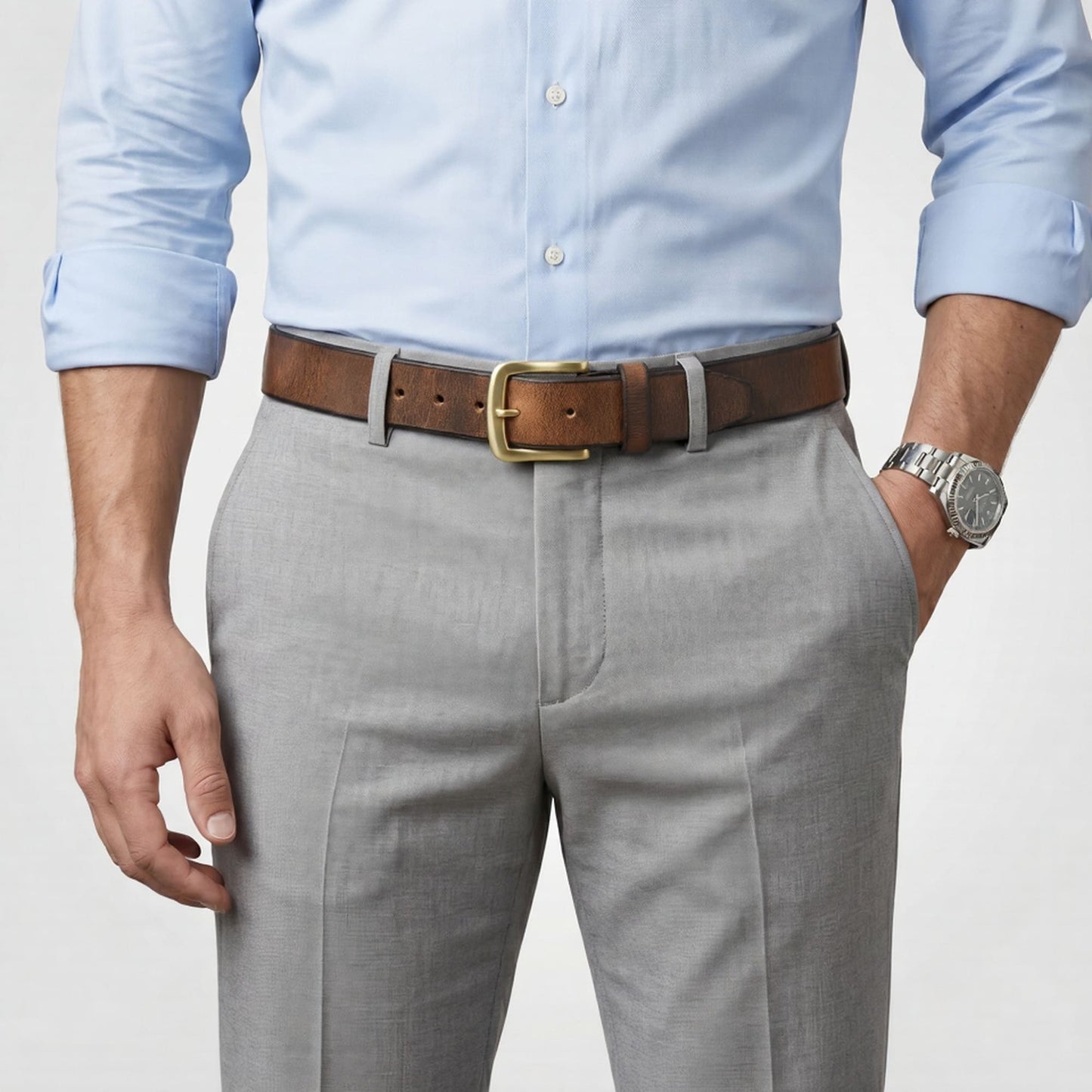 Thorne Hard Wax Leather Belt Rugged Distressed Model wear Saddle Brown
