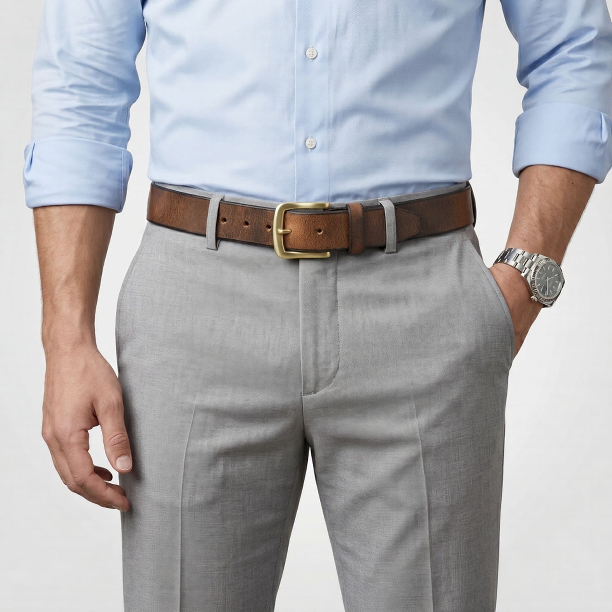 Thorne Hard Wax Leather Belt Rugged Distressed Model wear Saddle Brown
