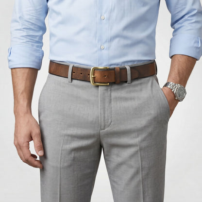 Thorne Hard Wax Leather Belt Rugged Distressed Model wear Saddle Brown