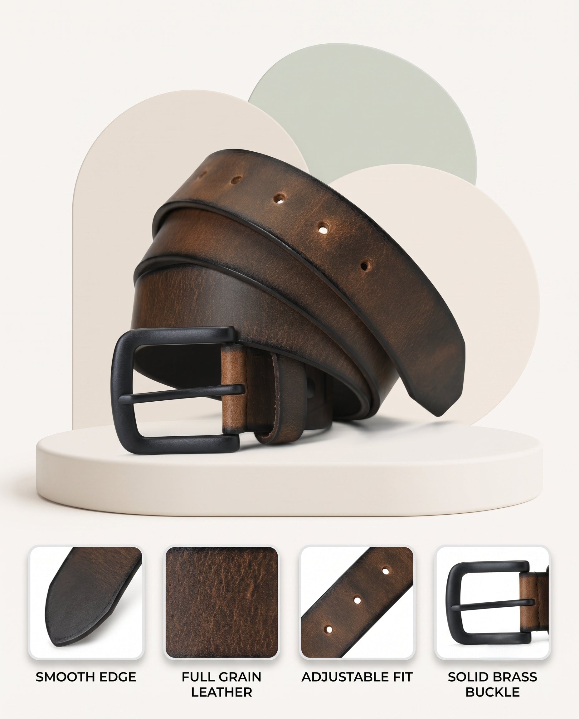 Thorne Hard Wax Leather Belt Rugged Distressed Thick Burnished Brown 
