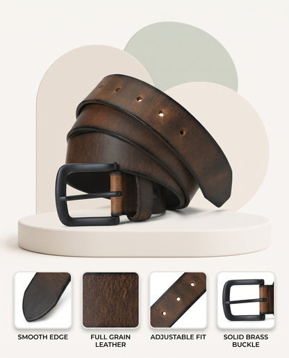 Thorne Hard Wax Leather Belt Rugged Distressed Thick Burnished Brown 