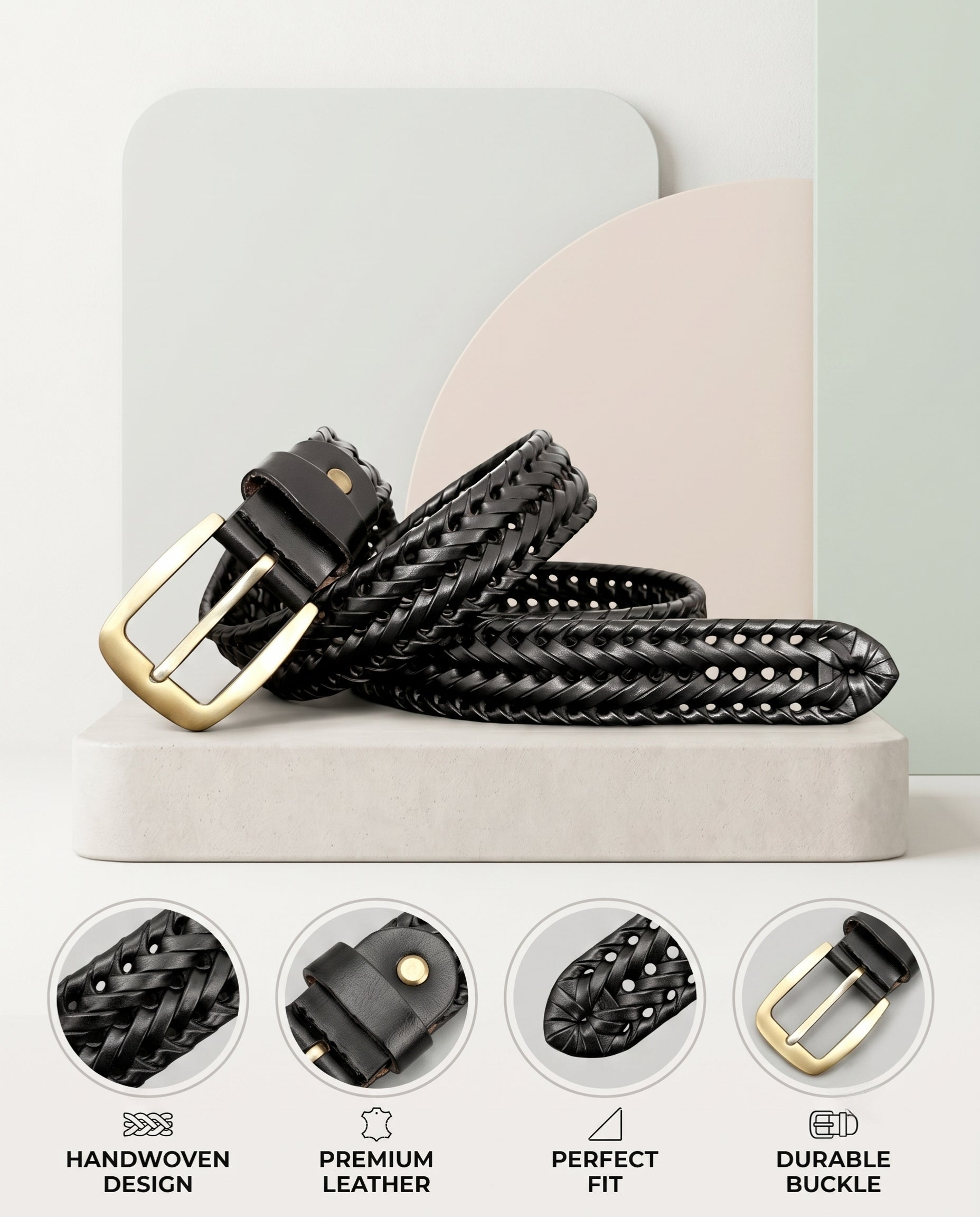 Weave Braided Leather Men's Casual Belt Handcrafted Woven Design With Perfect Fit Infographics Black
