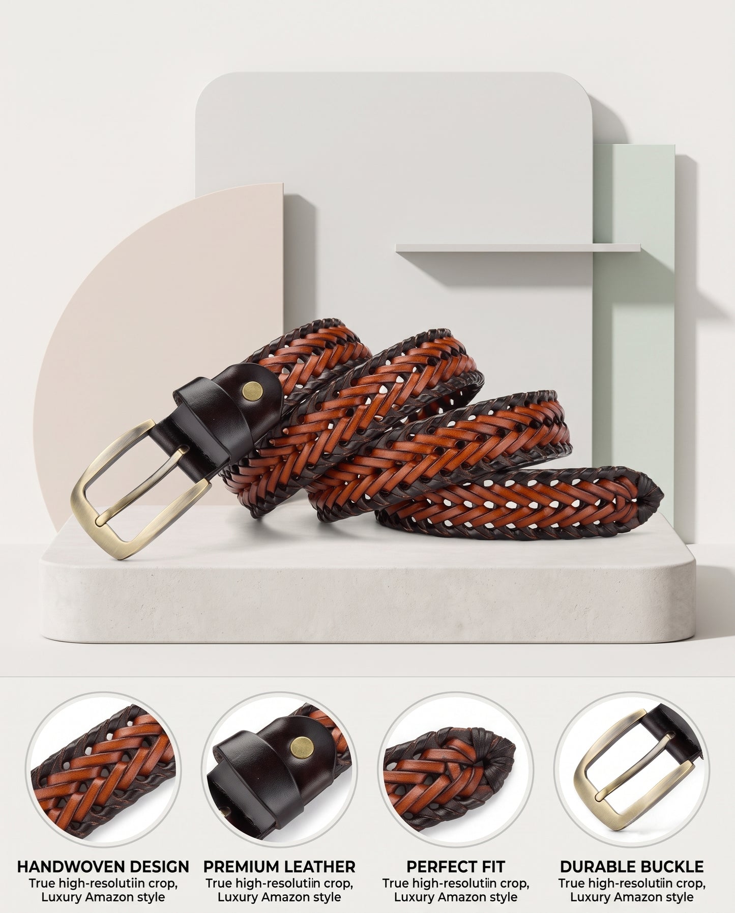 Weave Braided Leather Men's Casual Belt Handcrafted Woven Design With Perfect Fit Infographics Dual Tone