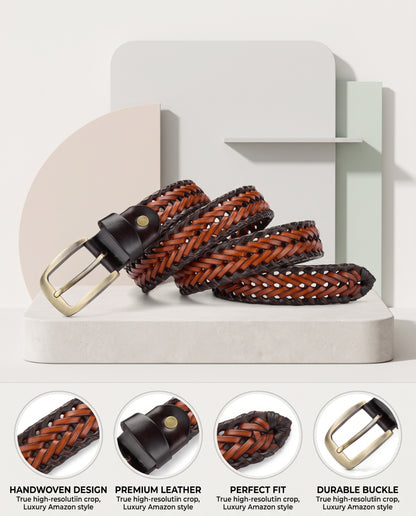 Weave Braided Leather Men's Casual Belt Handcrafted Woven Design With Perfect Fit Infographics Dual Tone