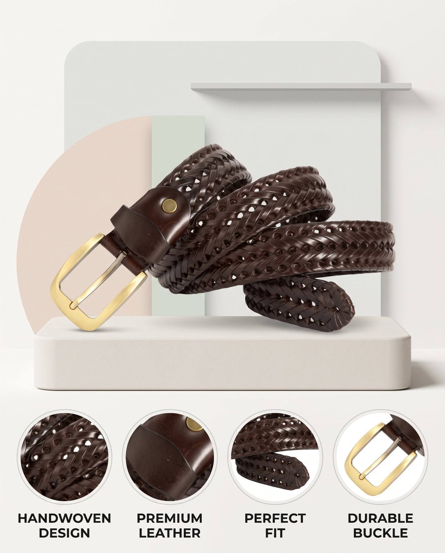 Weave Braided Leather Men's Casual Belt Handcrafted Woven Design With Perfect Fit Infographics Mahogany Brown