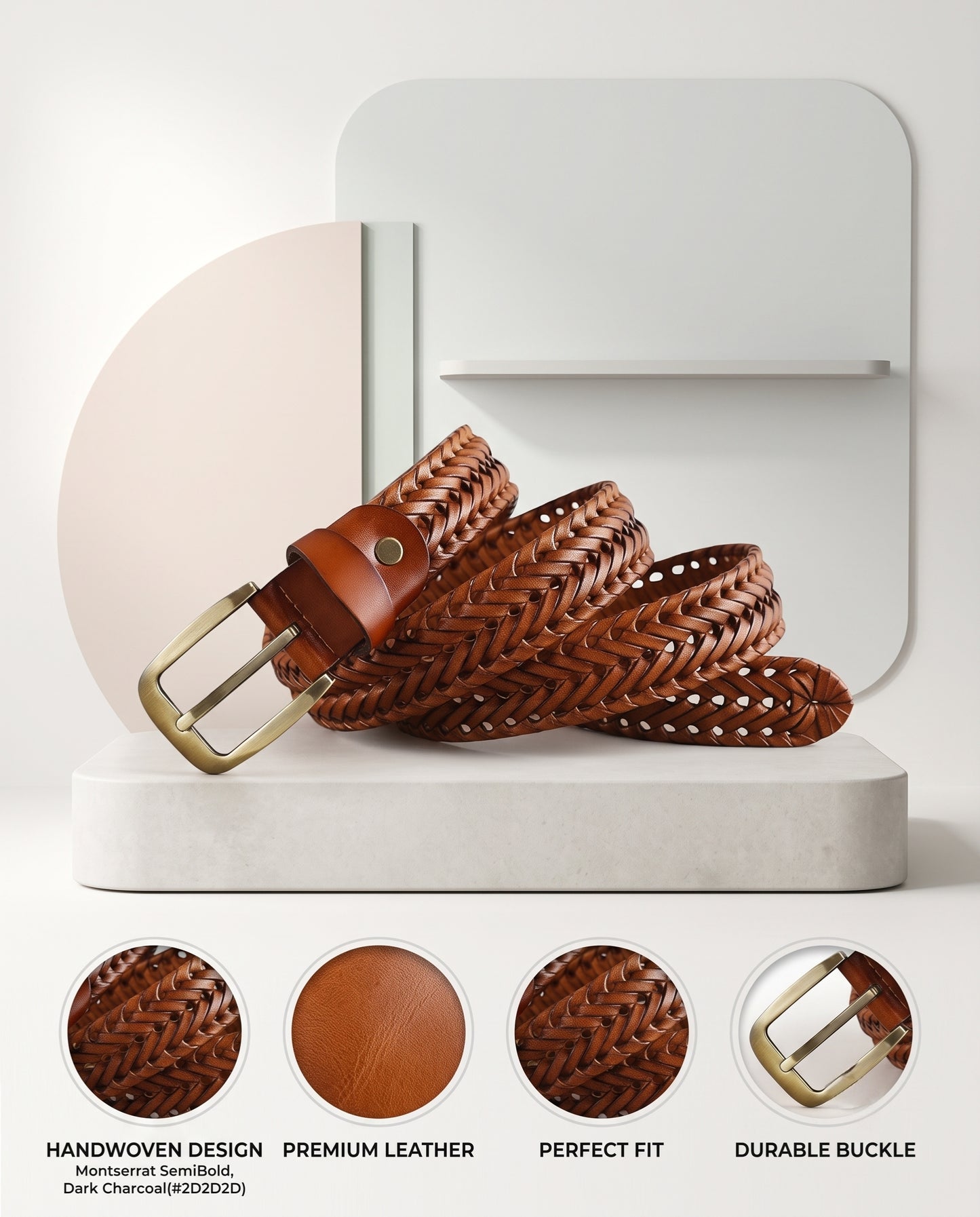 Weave Braided Leather Men's Casual Belt Handcrafted Woven Design With Perfect Fit Infographics Tan