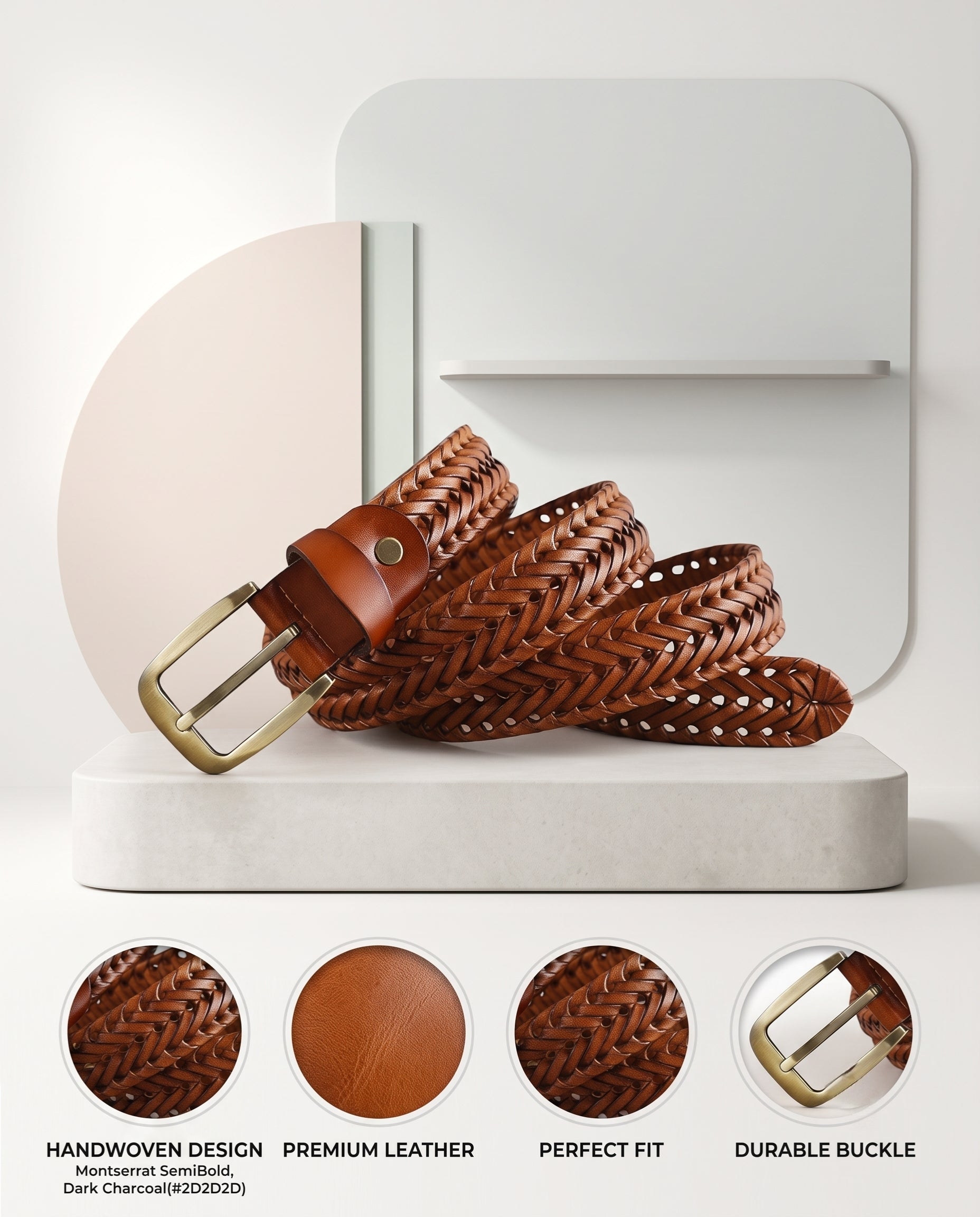 Weave Braided Leather Men's Casual Belt Handcrafted Woven Design With Perfect Fit Infographics Tan