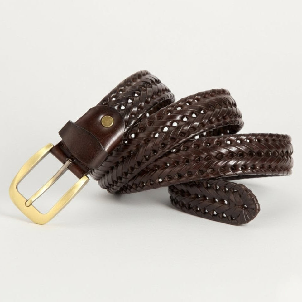 Weave Braided Mens Leather Belt Coiled Mahogany Brown