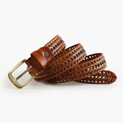 Weave Braided Mens Leather Belt Coiled Tan