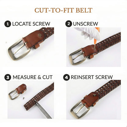 Weave Braided Mens Leather Belt Cut to Fit Black