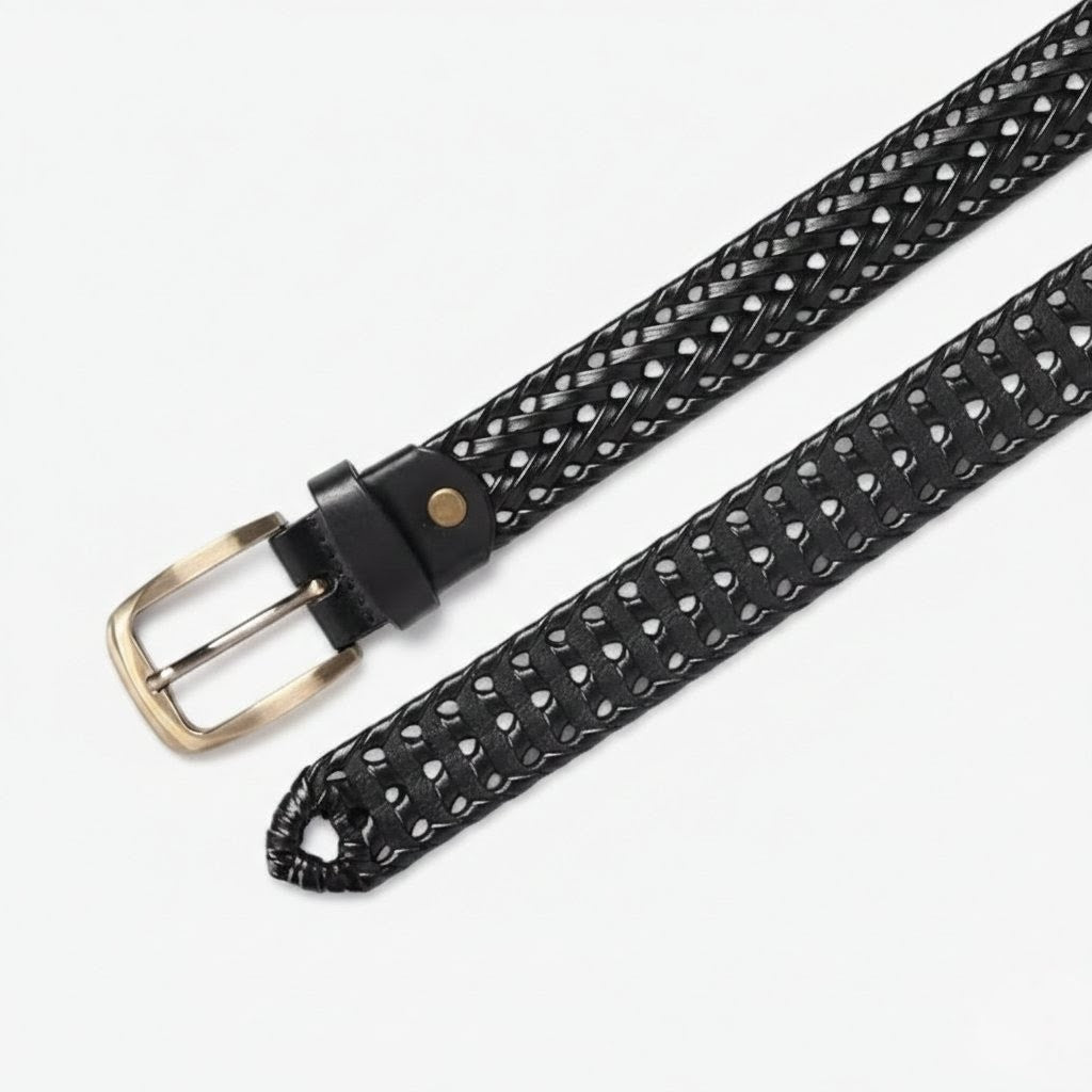 Weave Braided Mens Leather Belt Flat Layed Black