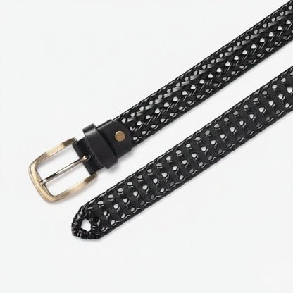 Weave Braided Mens Leather Belt Flat Layed Black