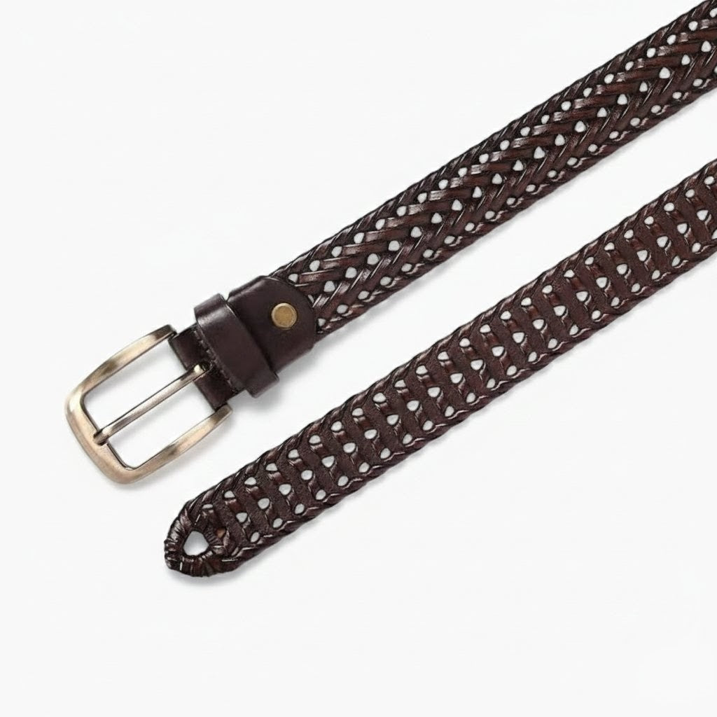 Weave Braided Mens Leather Belt Flat Layed Mahogany Brown