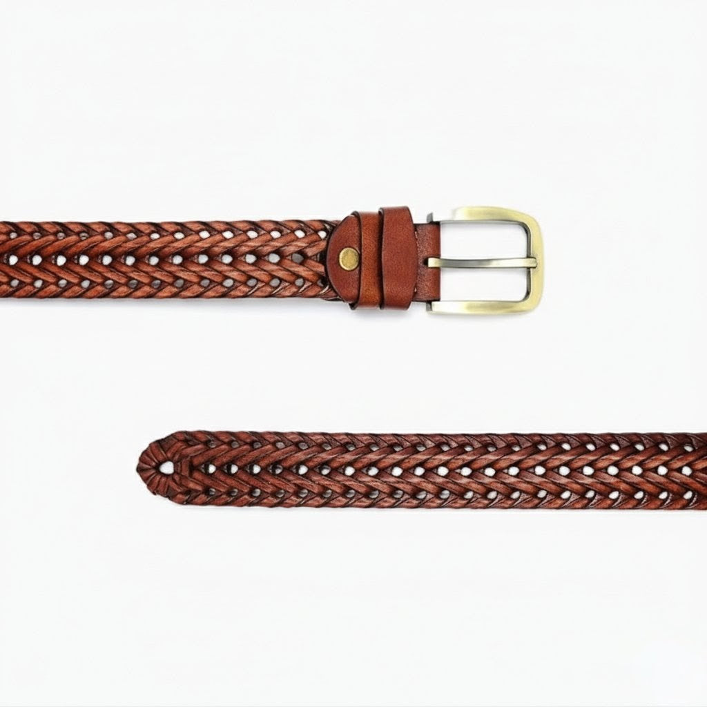 Weave Braided Mens Leather Belt Flat Layed Tan