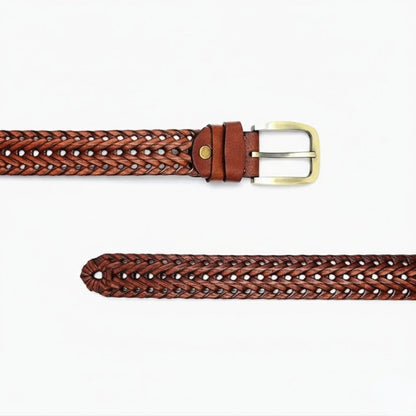 Weave Braided Mens Leather Belt Flat Layed Tan