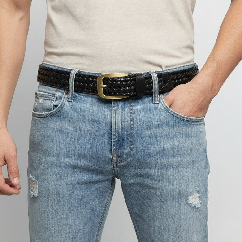 Weave Braided Mens Leather Belt Model Front Buckle Black