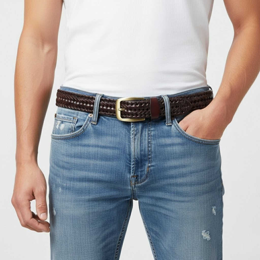 Weave Braided Mens Leather Belt Model Front Buckle Mahogany Brown