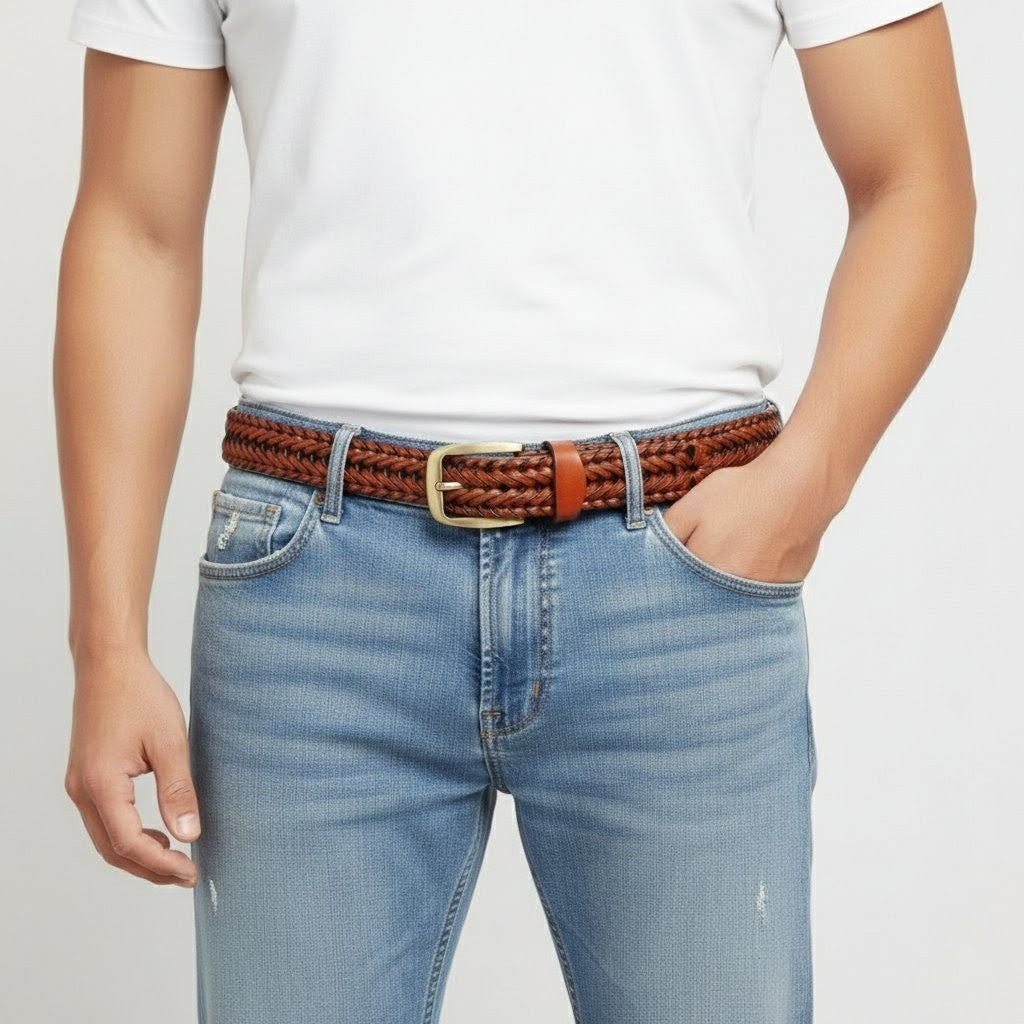 Weave Braided Mens Leather Belt Model Front Buckle Tan