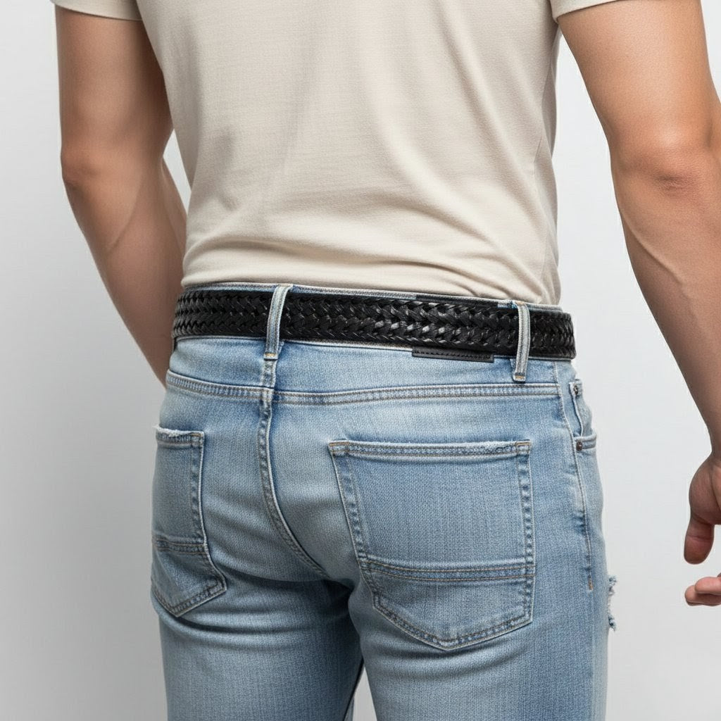 Weave Braided Mens Leather Belt Model Rear Black