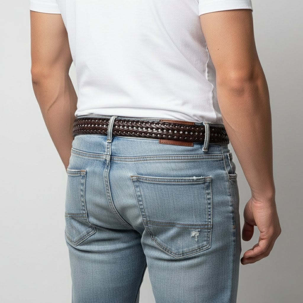 Weave Braided Mens Leather Belt Model Rear Mahogany Brown