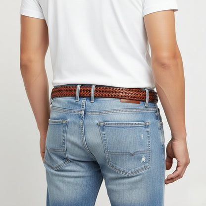 Weave Braided Mens Leather Belt Model Rear Tan