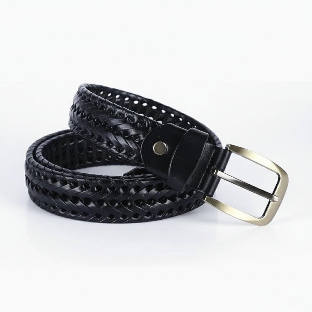 Weave Braided Mens Leather Belt Rolled Coiled Black