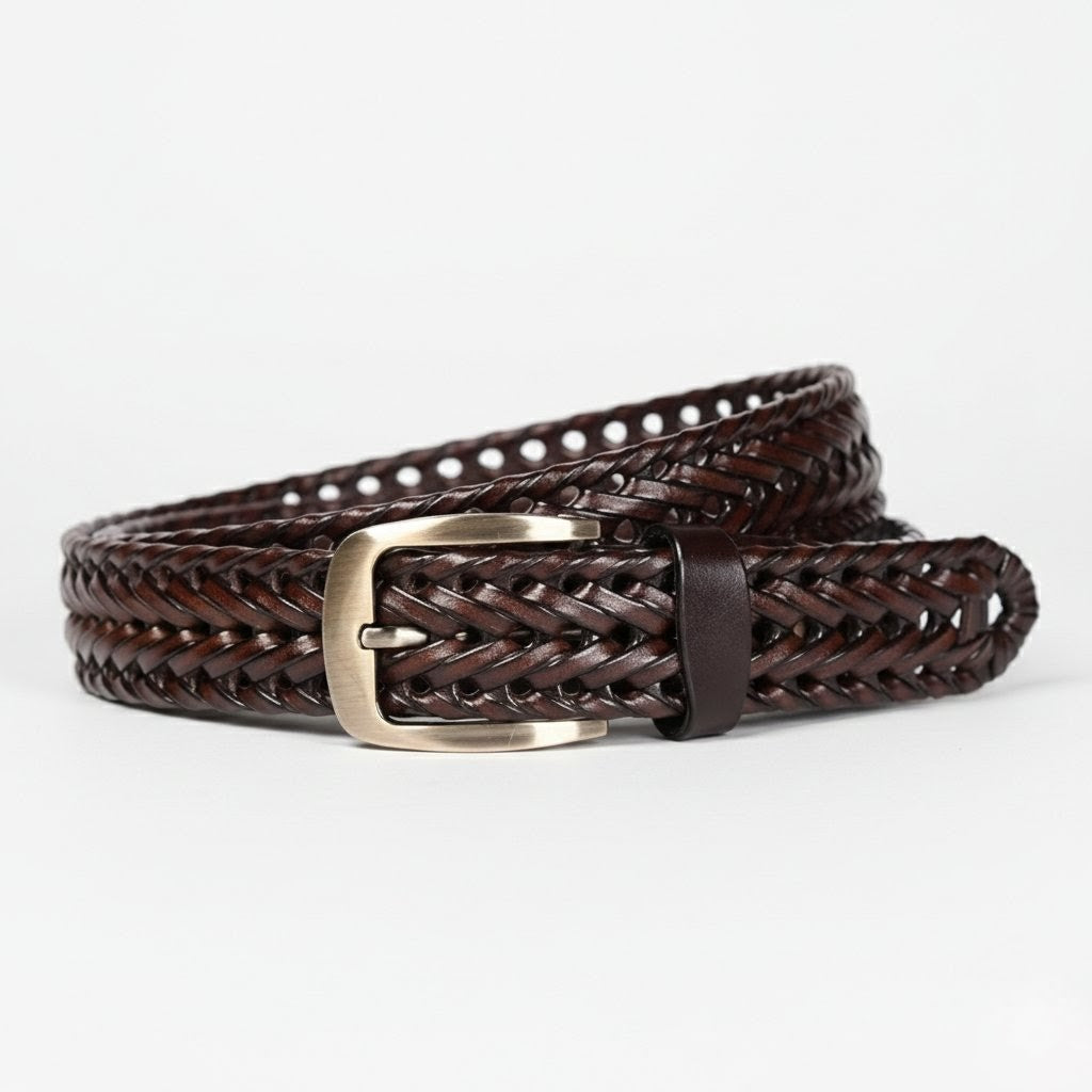 Weave Braided Mens Leather Belt Rolled Coiled Mahogany Brown