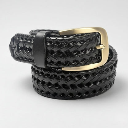 Weave Braided Mens Leather Belt Rolled Flat Lay Black