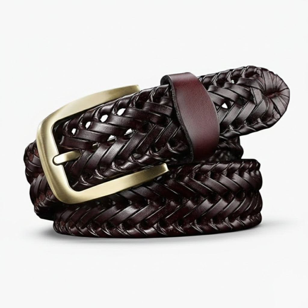 Weave Braided Mens Leather Belt Rolled Flat Lay Mahogany Brown