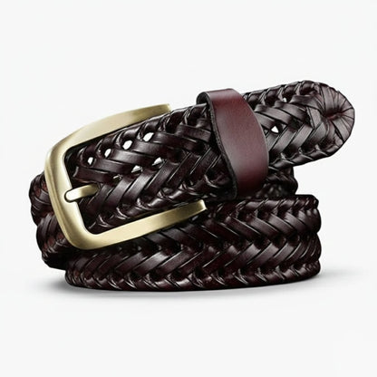 Weave Braided Mens Leather Belt Rolled Flat Lay Mahogany Brown