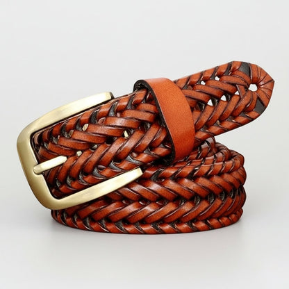 Weave Braided Mens Leather Belt Rolled Flat Lay Tan